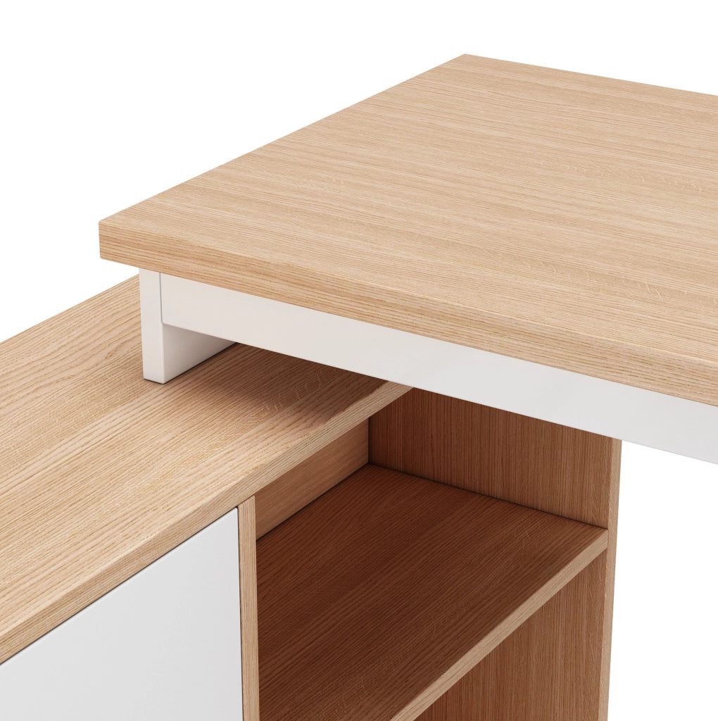 Scrivania 147x100x75.3 cm con tre cassetti e due vani a giorno in MDF e metallo naturale
