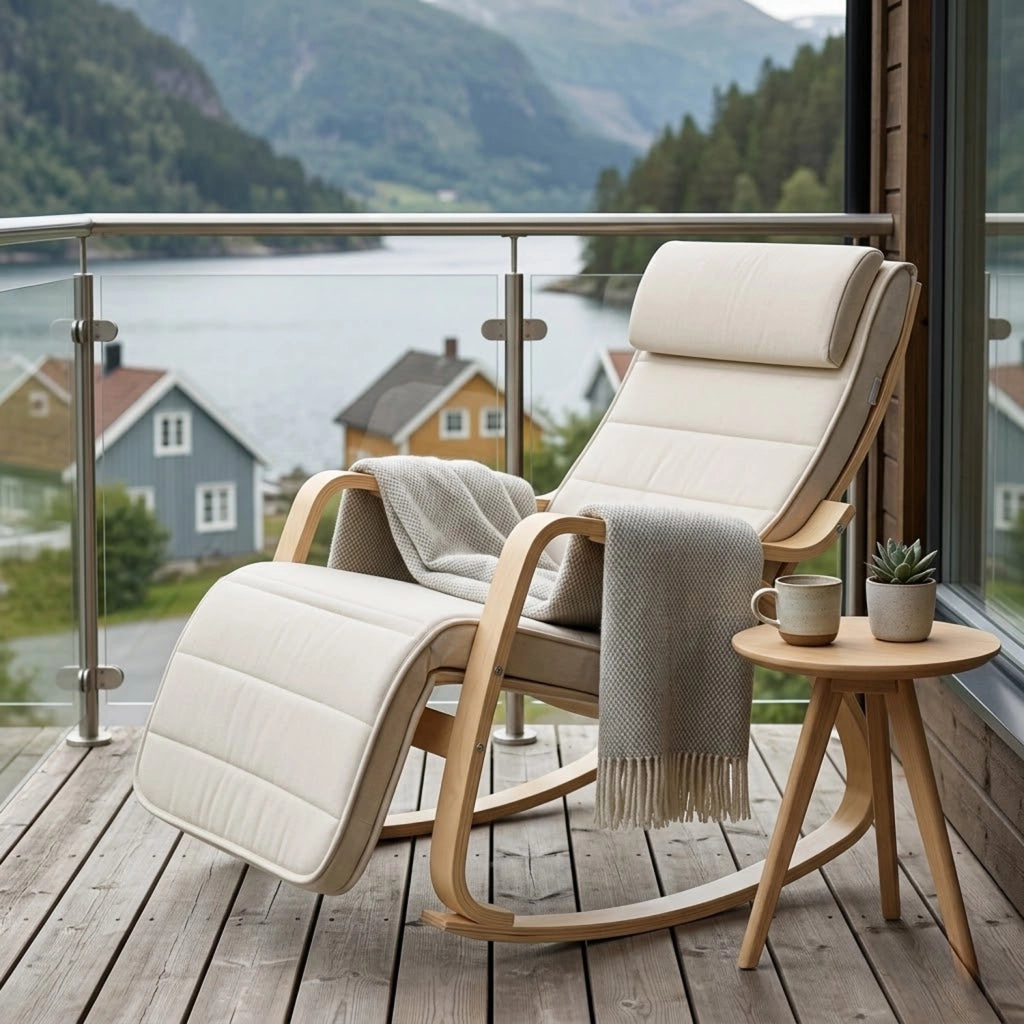 Poltrona A Dondolo Reclinabile In Legno E Acciaio Con Poggiapiedi Regolabile 5 Posizioni Seduta Imbottita 121.5 x 55 x 84 Cm Beige