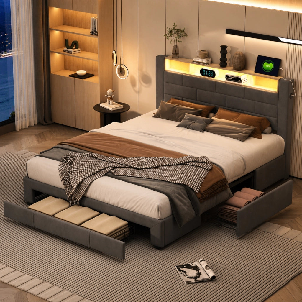 Letto matrimoniale 140x200 cm velluto grigio, testiera con vano portaoggetti, porte USB, luci RGB‑LED controllabili da app e telecomando, 3 cassetti contenitore