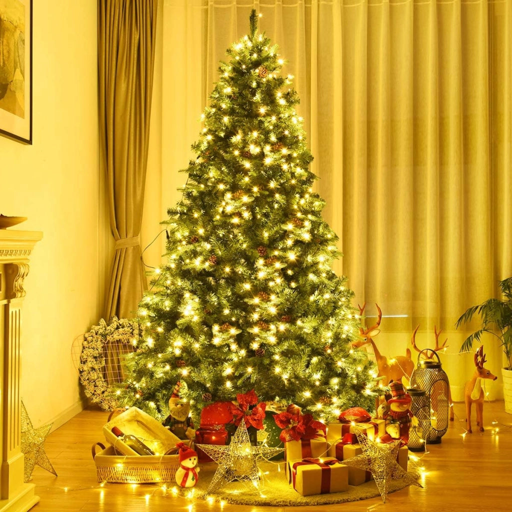 Albero di Natale 210/225/240 cm, Albero di Natale con 460/540/600 Luci a LED Bianco Caldo, 925/1125/1335 Rami e Pigne, Decorazione Natalizia per Casa e Negozio (225cm)