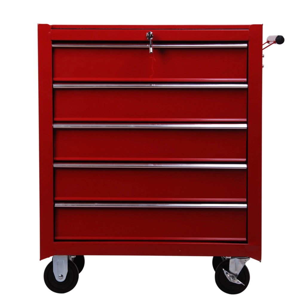 EasyComfort Carrello Porta Utensili con 5 Cassetti, Serratura, 2 Chiavi e Manubrio Parete Smontabile 2 Ruote con Freno in Lamiera d'Acciaio EVA Rosso 67,5x33x77cm