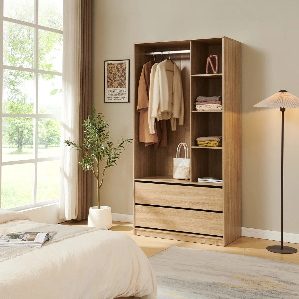 Armadio Aperto Vippsaki Guradaroba con Barra Appendiabiti 4 Scomparti e 2 Cassetti 200 x 100 x 50 cm - Effetto Rovere [en.casa]