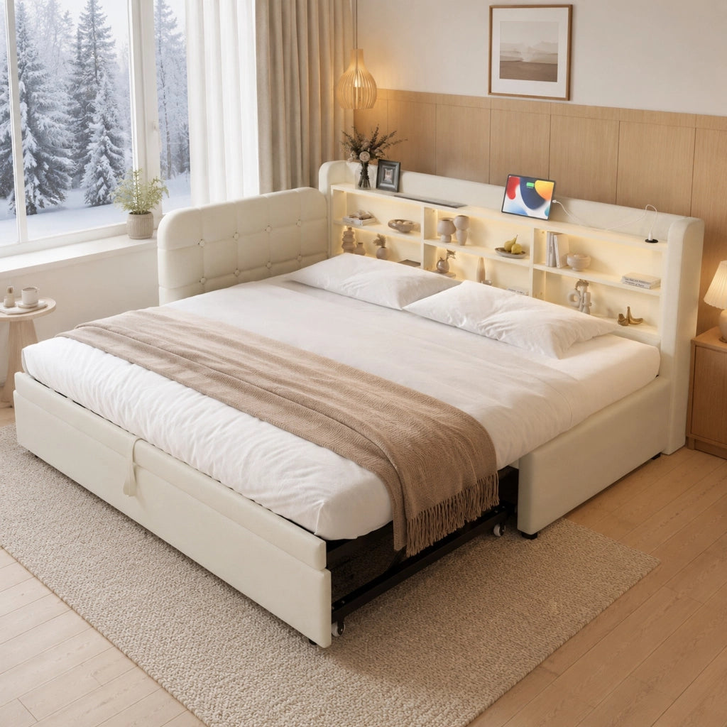 Letto estraibile 90x200 cm con USB/Type-C e ripiani beige