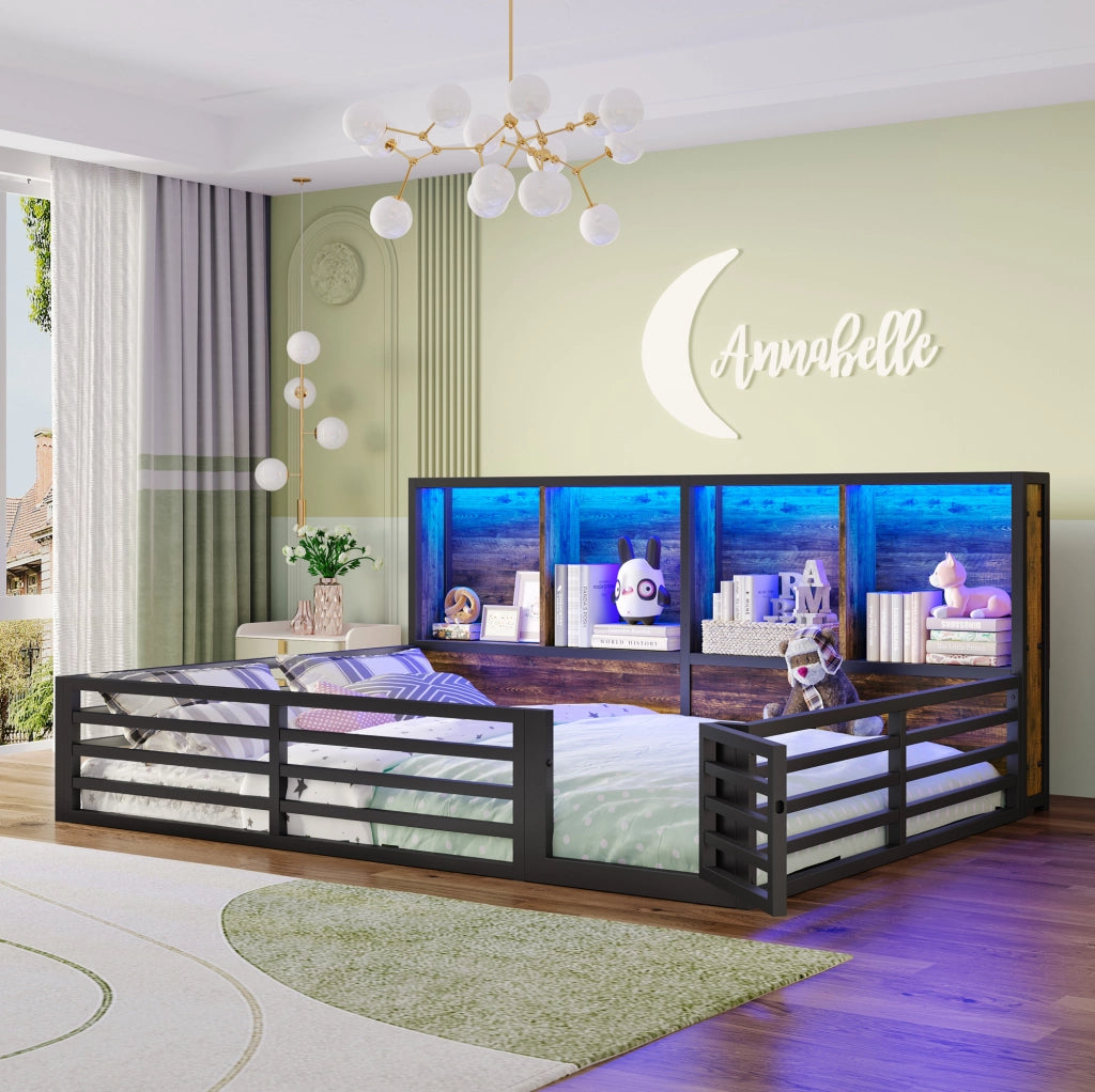Letto a piattaforma 140x200 cm con LED e vani laterali