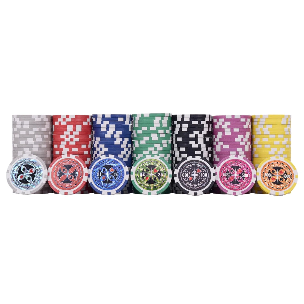 Set di porta carte da poker 38,4 x 20,5 x 6,5 cm con 300 fiches e 2 mazzi di carte in alluminio nero e argento 20_0011036