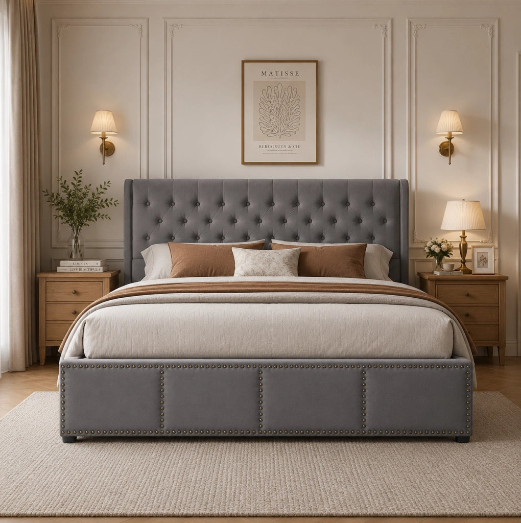 Letto matrimoniale contenitore in velluto grigio 160 x 200 cm