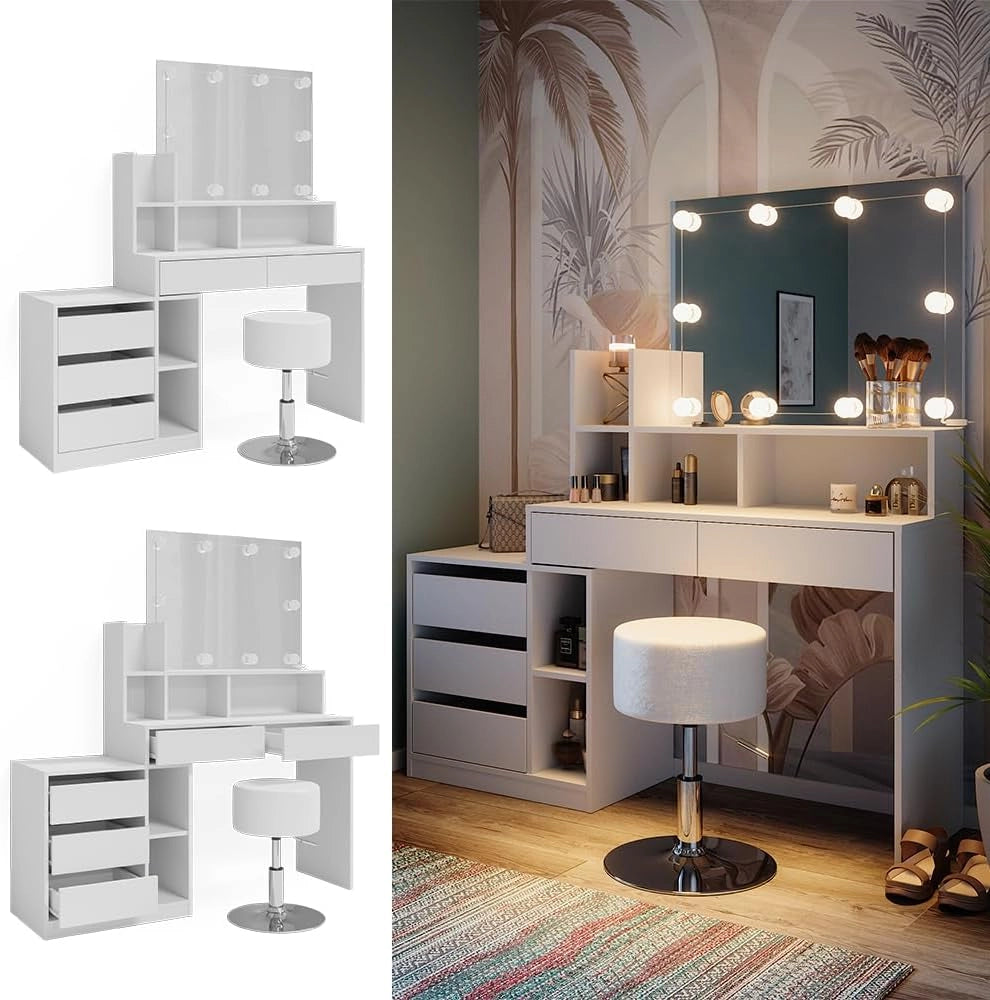Tavolo da toeletta Anja, Bianco, 139.8 cm con illuminazione a LED e sgabello, Cassetti per organizzare nel disordine