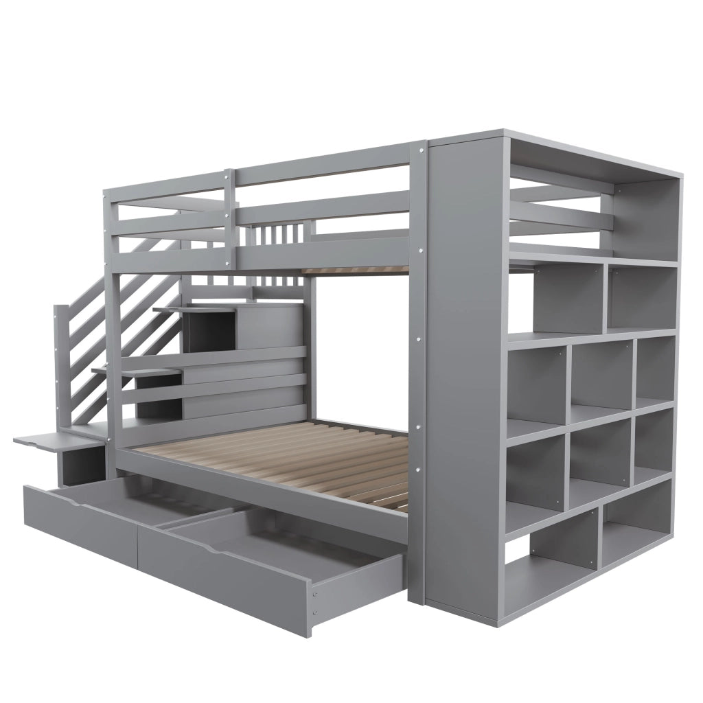 LETTO A CASTELLO 90x200 cm in Legno Grigio con Scala Contenitore e Cassetti