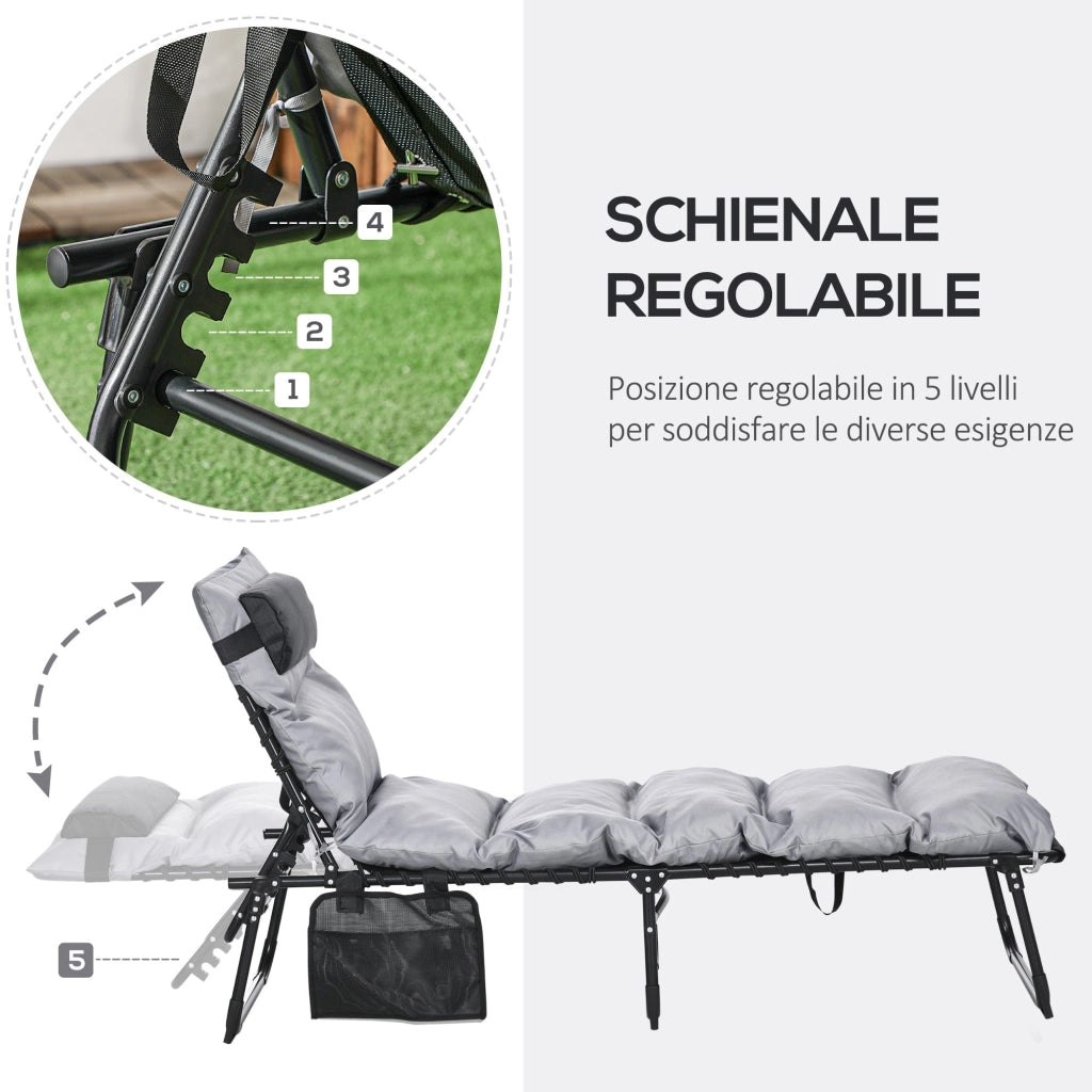 Lettino Prendisole da Giardino Pieghevole 58x189x32,5 cm con Cuscino e Tasca Laterale Grigio Chiaro