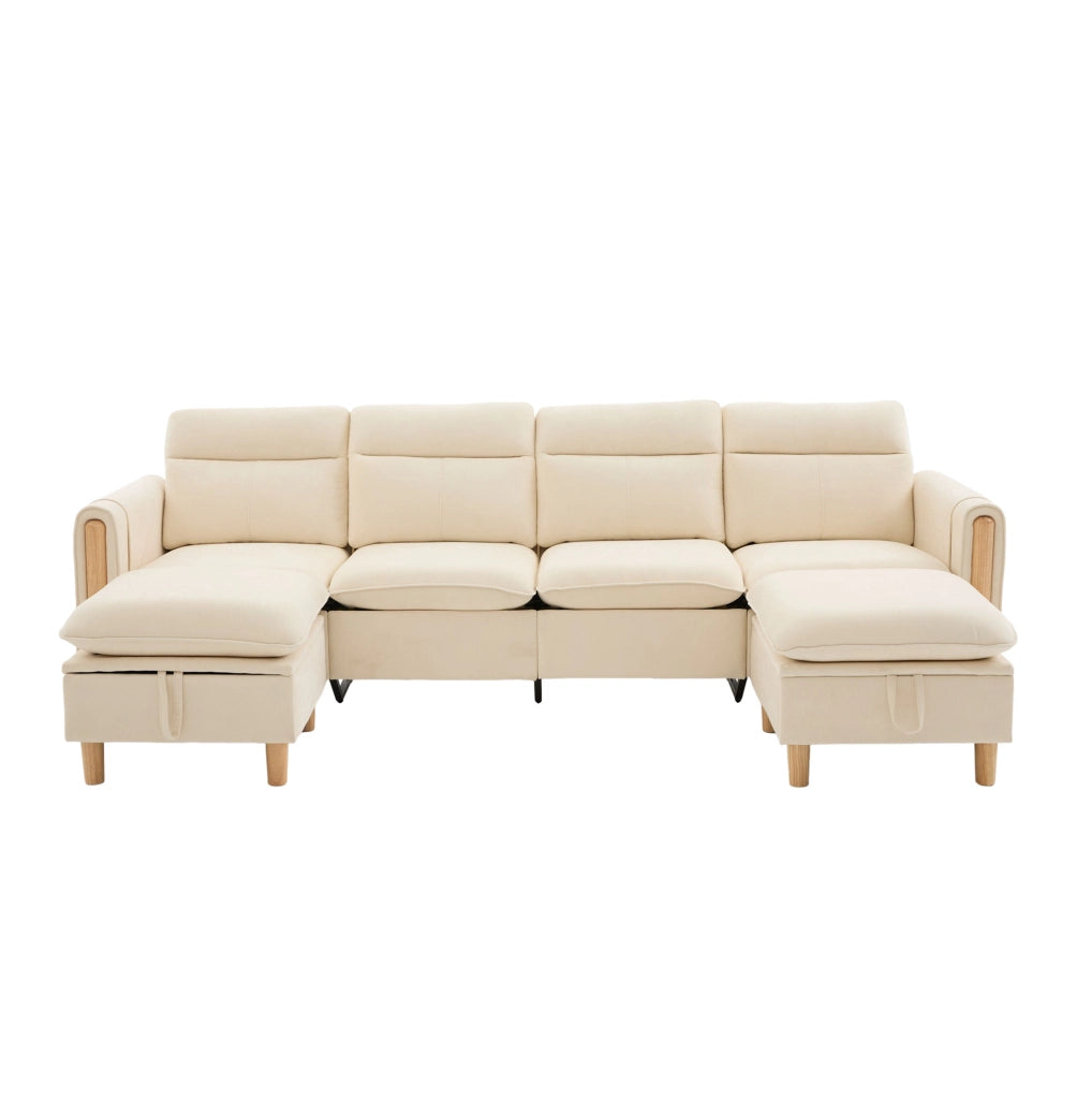 Divano modulare 4 posti con 2 pouf contenitore in chenille beige; 261 x 77 x 86 cm
