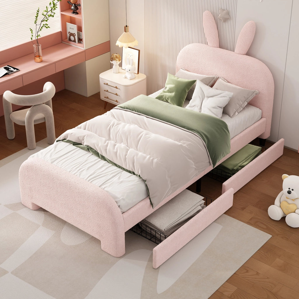 OKWISH Letto Bambini 90×200 cm, Letto Singolo con 2 Cassetti, Testiera a Coniglio e Contenitore, senza Materasso, Rosa