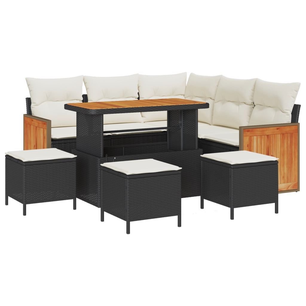 Set di Divano da Giardino 9 Pezzi con Cuscini Nero Polyrattan Legno d'Acacia