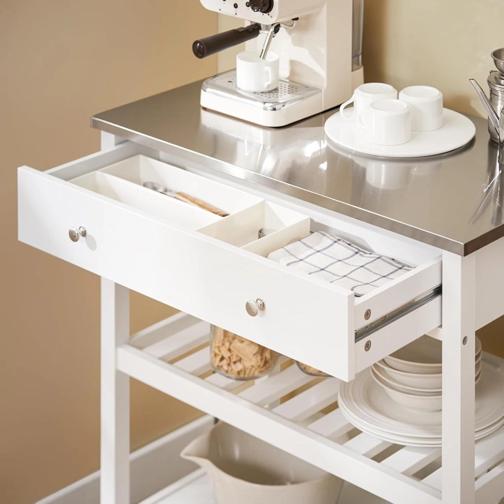 Carrello Cucina con Ruote Isola Cucina Salvaspazio Bianca con Piano in Acciaio Inox Mobiletto Cucina con Cassetti Mobile Cucina per Dispensa, Ingresso o Giardino 81x90x45cm FKW47-II-W