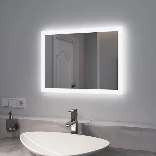 Specchio da bagno illuminato LED 45x60 cm con interruttore a pulsante e anti-condensazione