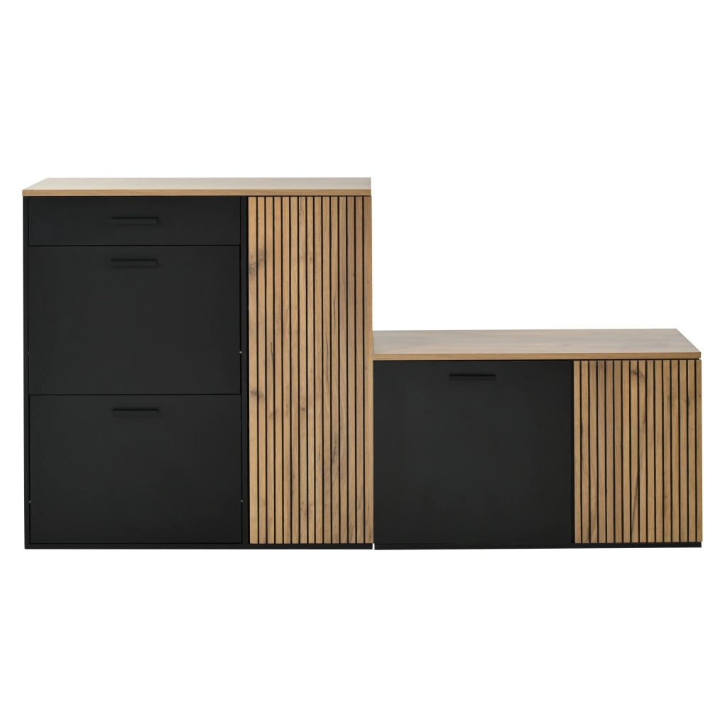 Set ingresso 5 pezzi con armadio scarpe; panca; specchio e appendiabiti; rovere naturale e nero