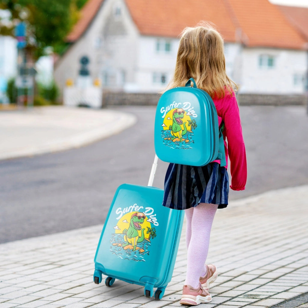 Set di 2 valigie per bambini con ruote con zaino con spallacci regolabili, Bagaglio da viaggio con motivi carini Blu-Bagagli e borse