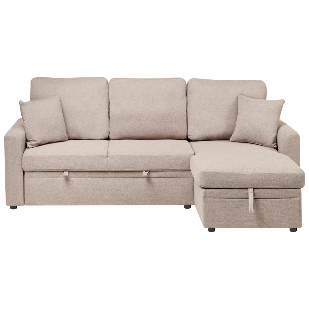 Divano letto angolare con contenitore lato sinistro marrone chiaro rivestimento in poliestere effetto lino contenitore cuscini design moderno