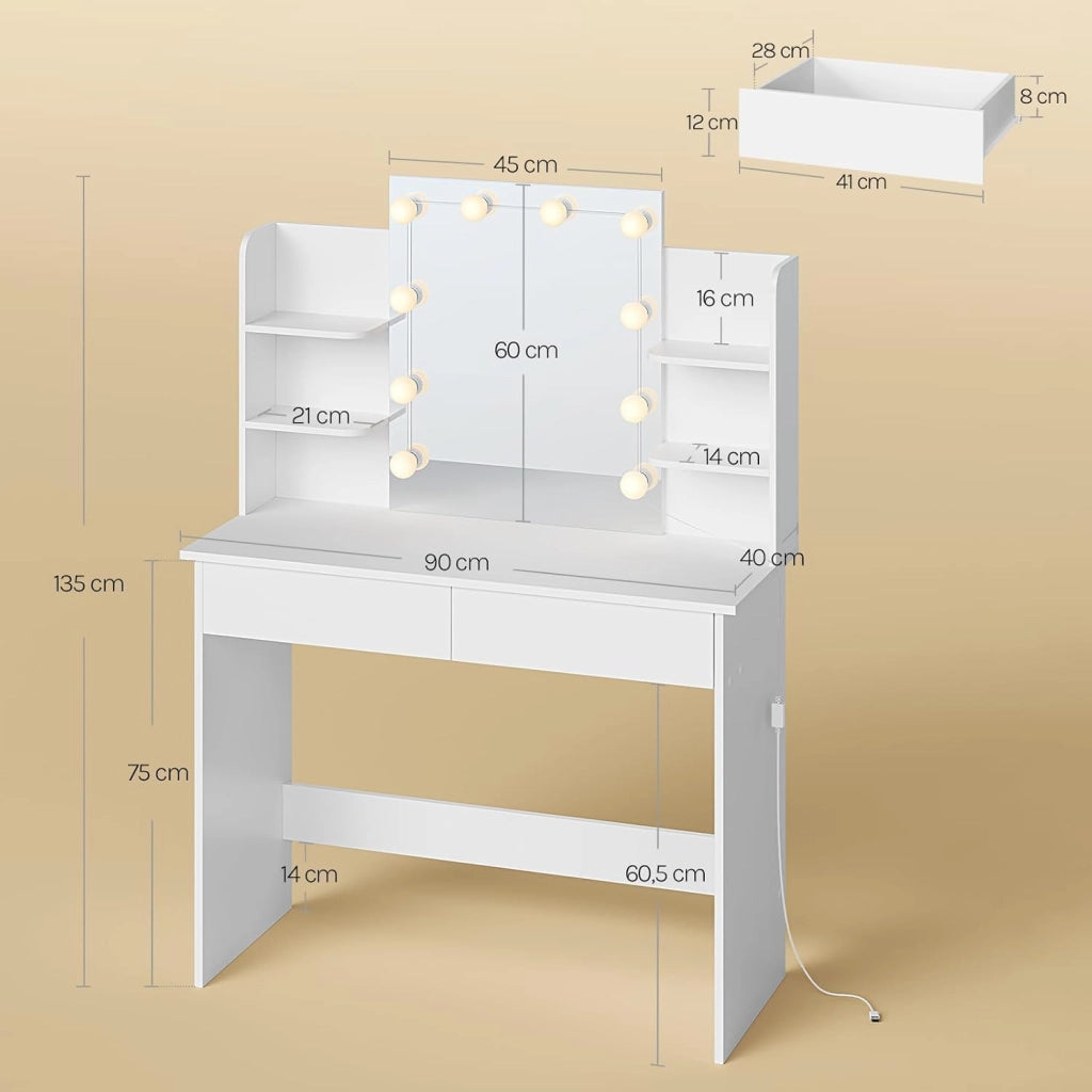 Postazione Trucco, Toeletta Trucco con Luci, Toeletta Trucco,Scrivania con Specchio e 10 Lampadine LED Dimmerabili,2 Cassetti e 4 Ripiani,Comò per Camera da Letto in Legno, Bianco, 90x40x135cm
