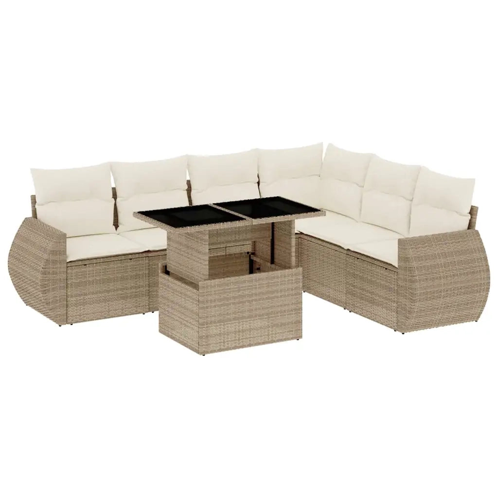 Set Divani da Giardino 7 pz con Cuscini Beige in Polyrattan