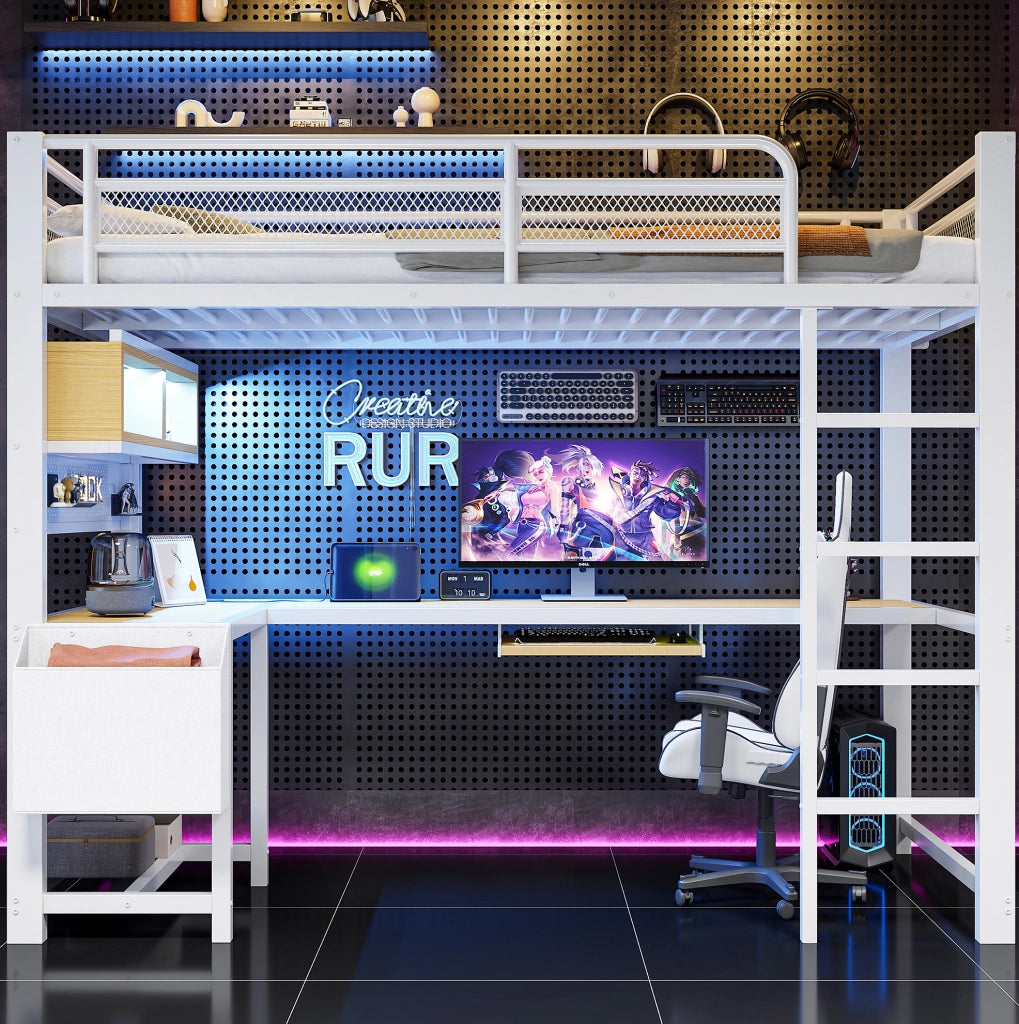 Letto a soppalco 90x200 cm con scrivania; LED e presa di ricarica in MDF e metallo bianco