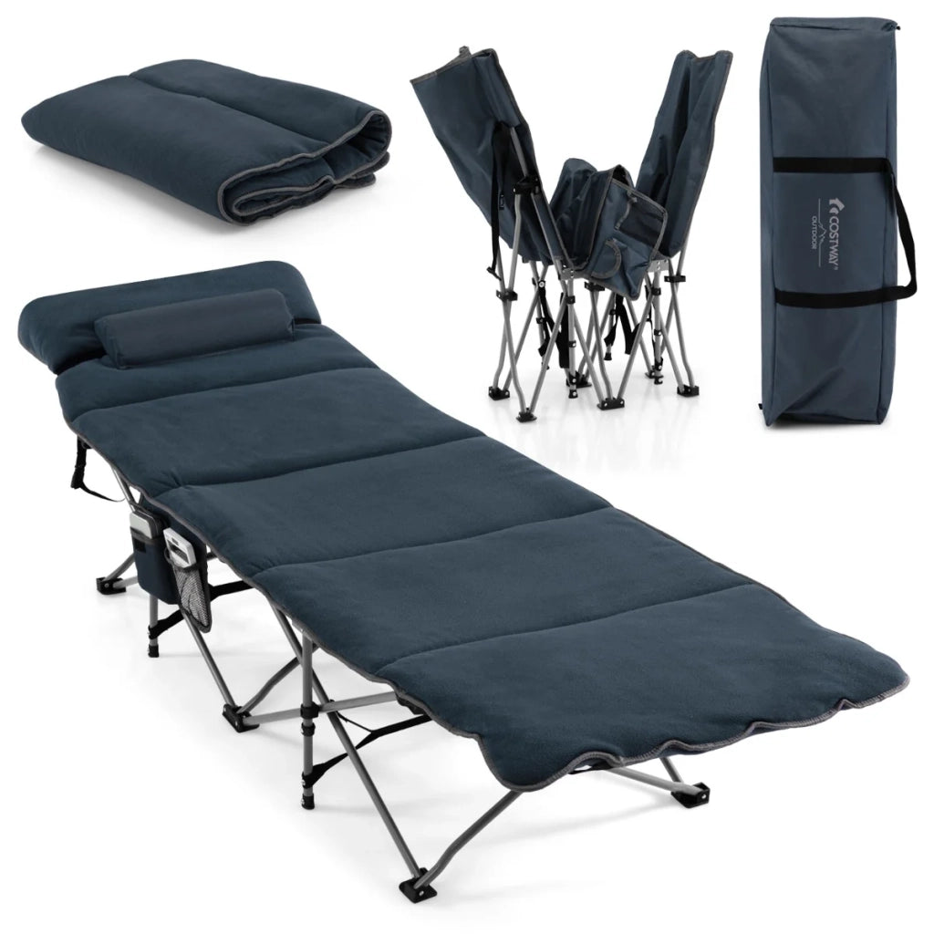 Lettino da campeggio pieghevole 185 x 65 x 53 cm con materasso e cuscino sfoderabili per un moderno utilizzo all'aperto in tessuto Oxford blu 20_0012326