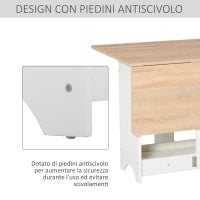 Tavolo Consolle a Ribalta con Vano Mensola, Tavolino da Salotto e Cucina, Tavolo a Ribalta, Pieghevole, Salvaspazio, Color Legno e Bianco, 118x80x72cm