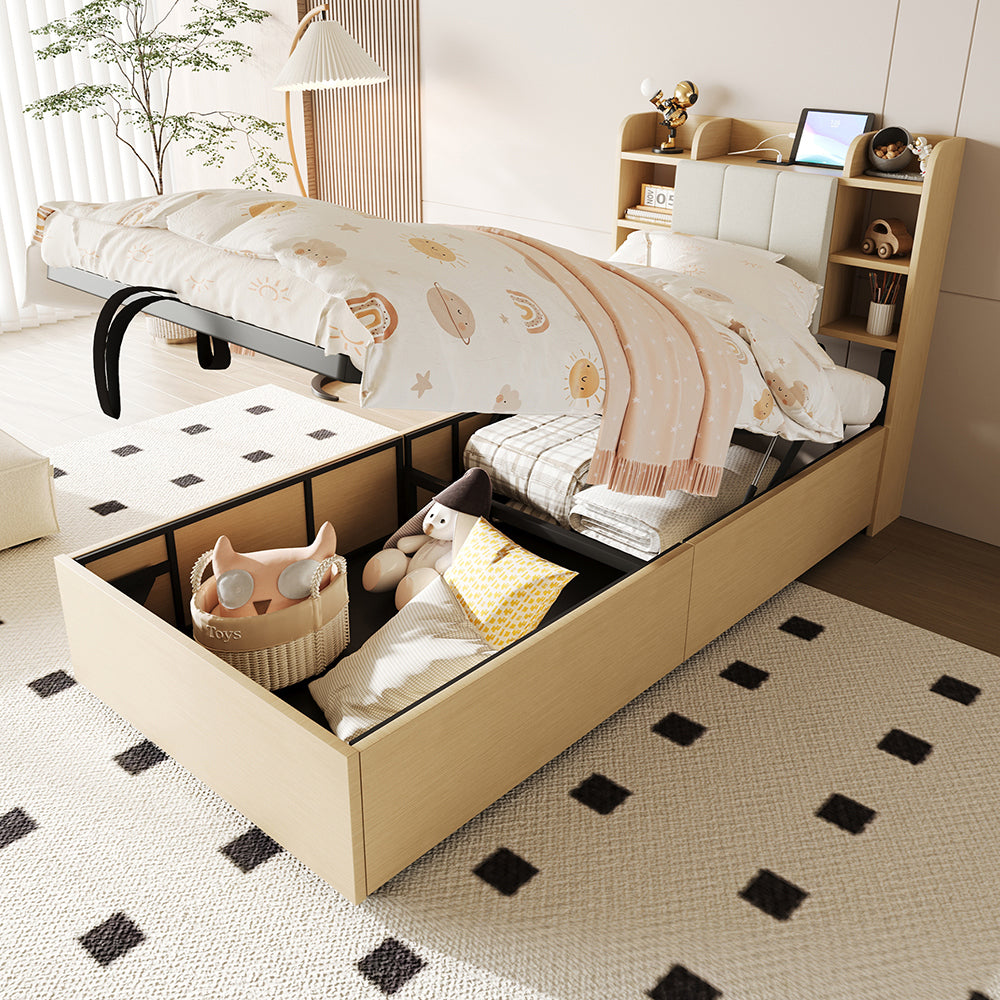 Letto-Xylo-90x200 cm-idraulico, USB-C, legno naturale