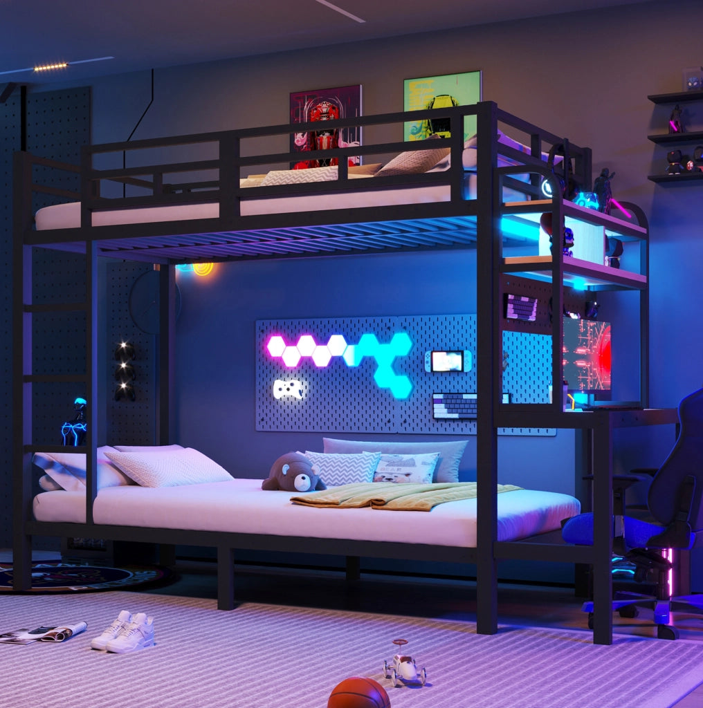 Letto a castello 90x200 cm nero metallo e MDF - scrivania LED e USB