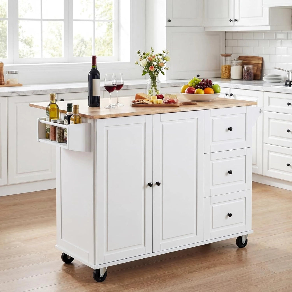 Carrello da Cucina in Legno, Carrello Isola Cucina con Ripiano Ribaltabile, Ruote, 3 Cassetti e Armadietto, Porta Spezie e Asciugamani, 129,5x76x93 cm