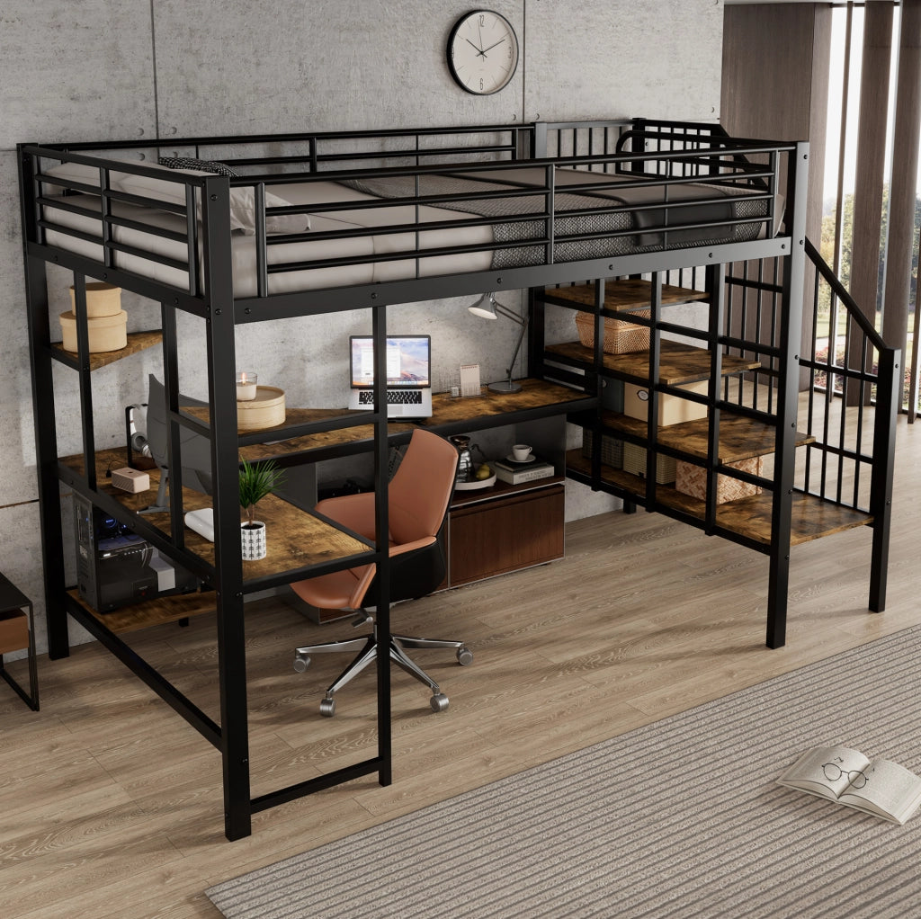 Letto a soppalco 120x200 cm con presa di ricarica; scala ad angolo e scrivania in ferro e MDF nero e noce scuro