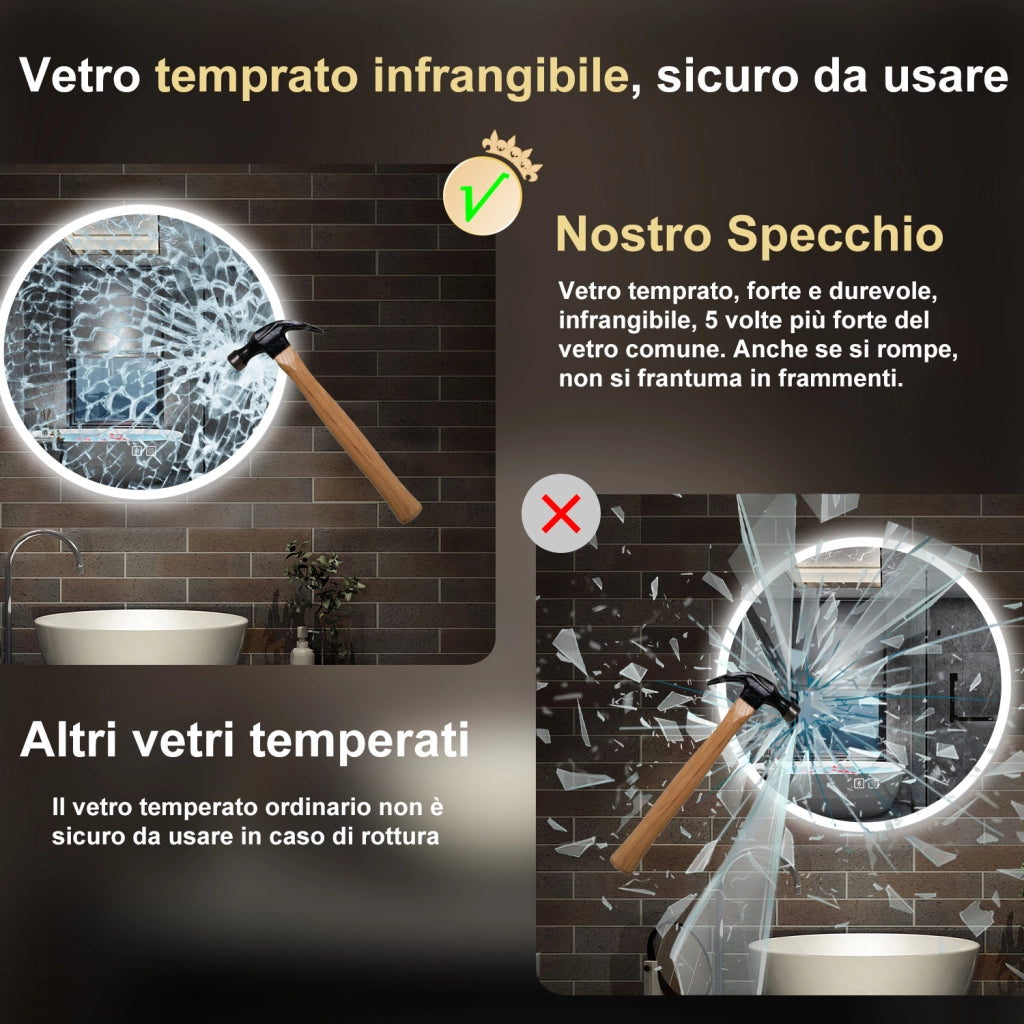specchio rotondo 70 cm retroilluminato con antiappannamento, funzione dimmerabile e morbido bagliore esterno, bluetooth