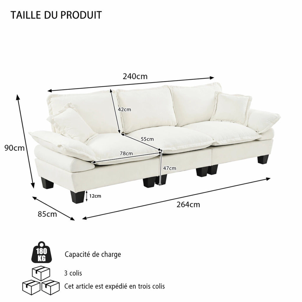 Divano cloud con braccioli curvi removibili in chenille beige per appartamenti e soggiorni compatti 263 × 82 × 90 cm