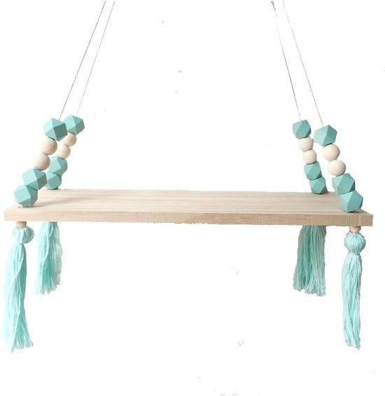 Decorazione per parete in legno con standard macramé, perline e pennelli - Verde - Decorazione per bagno, soggiorno, camera da letto, camera per bambini - Standard in legno decorativo con 2 pannelli