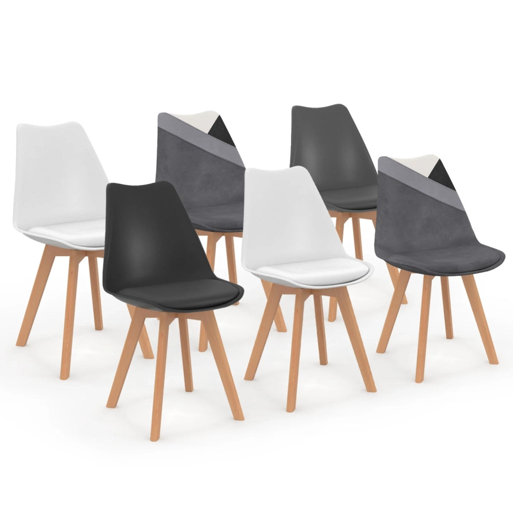 IDMarket - Set di 6 sedie scandinave SARA in velluto patchwork grigio scuro, bianco, nero e nero, grigio e bianco