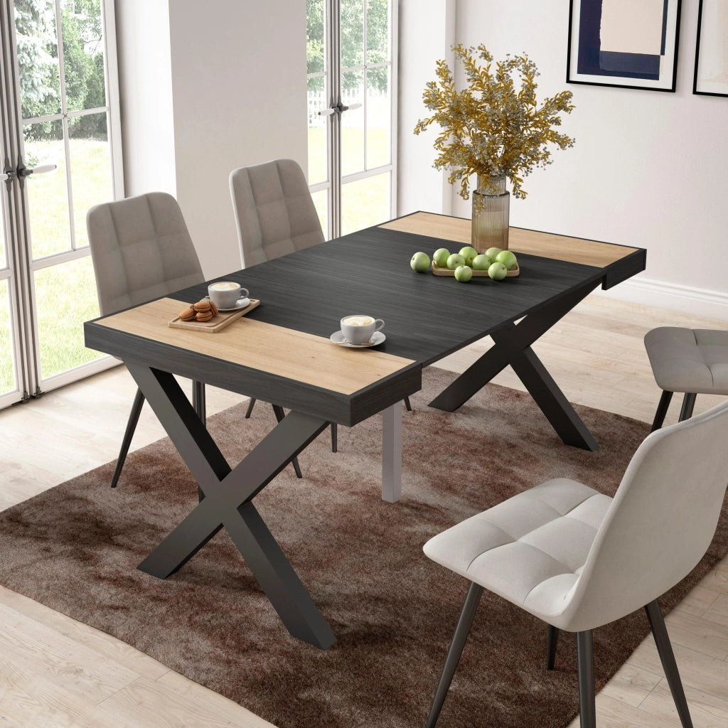 Consolle allungabile, 58 fino 160x90x73cm, Per 8 persone, Gambe in legno, colore Rovere e nero RF2754