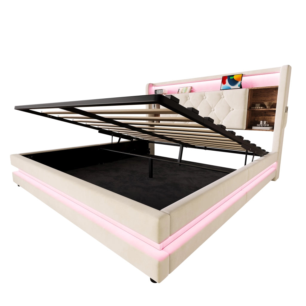 Letto Contenitore 140x200 cm Matrimoniale; LED; USB; Type-C e Ripiani in Velluto Beige