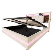 Letto Contenitore 140x200 cm Matrimoniale; LED; USB; Type-C e Ripiani in Velluto Beige