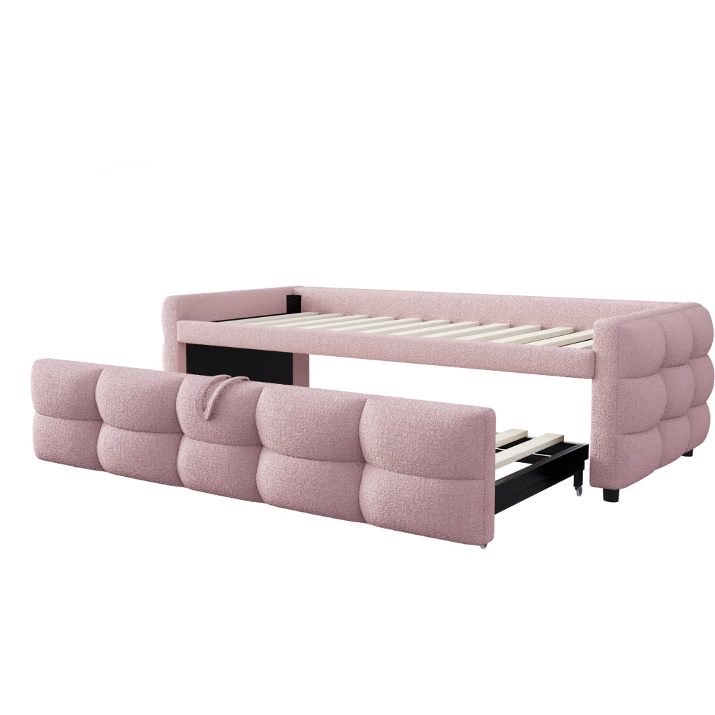 Letto imbottito estraibile combinato 90/180 x 190 cm, velluto Teddy, rosa, con rete a doghe