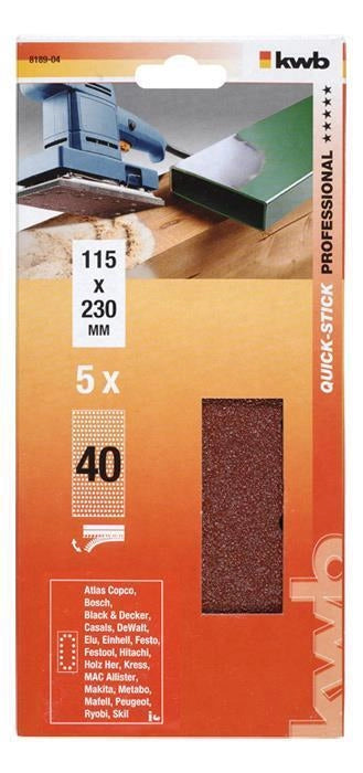 Kwb 818904 Carta Abrasiva per Levigatrice Orbitale Grana 40 115x23 cm 5 pezzi colore Marrone