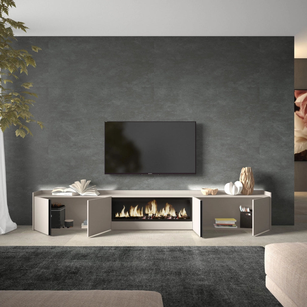 Mobile TV Soggiorno, 315x50x35 cm, Per TV fino a 80", Camino elettrico XXL, LED, Beige