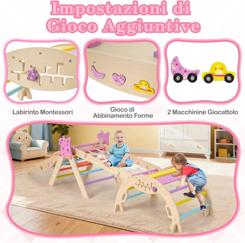 8 in 1 Set da Arrampicata per Bambini, Giocattoli da Arrampicata Pieghevoli con Triangolo Arco e Rampa, Giochi Montessori per Bambini 1 Anni + (Unicorno 4 pezzi, Macaron)