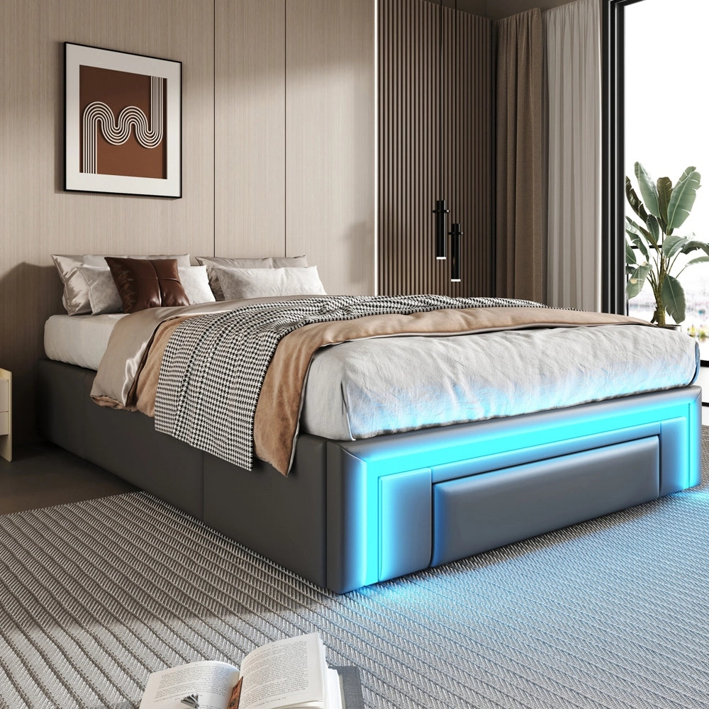 Letto contenitore - Xylo - 90x200cm LED, doghe metalliche, testiera morbida, grigio