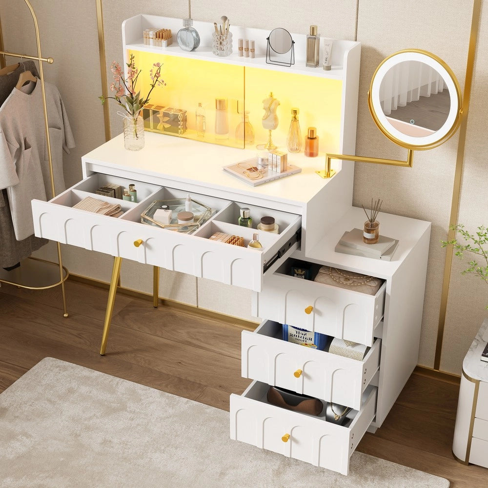 Tavolo Trucco con Specchio LED Girevole e Ante Scorrevoli in Vetro ¨C Xylo ¨C Bianco, 4 Cassetti, 112x40x116 cm
