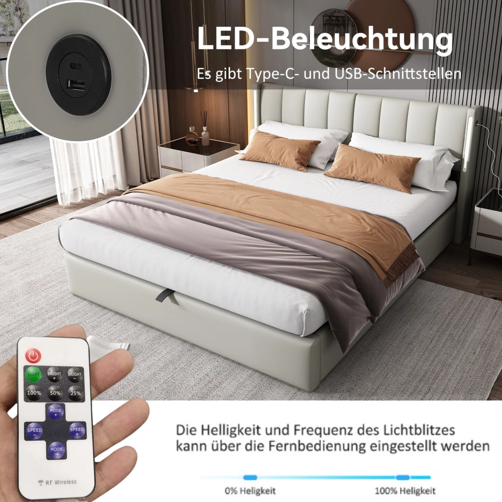 Letto matrimoniale 180x200 cm con contenitore; LED e porta USB; angolo regolabile 0-30°; PU grigio