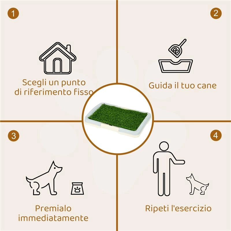 LETTIERA PER CANI 3 STRATI CON PRATO SINTETICO, GRIGLIA E VASSOIO INFERIORE, 46.5X34X5.5 CM
