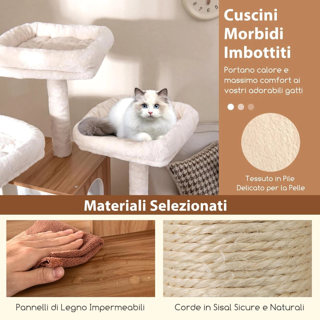 Tiragraffi per Gatti 168 cm, Albero per Animali Domestici con 3 Piattaforme, Condo, Tiragraffi in Sisal, Scala e Palline Appesse, Mobile da Arrampicata con Multi Livelli