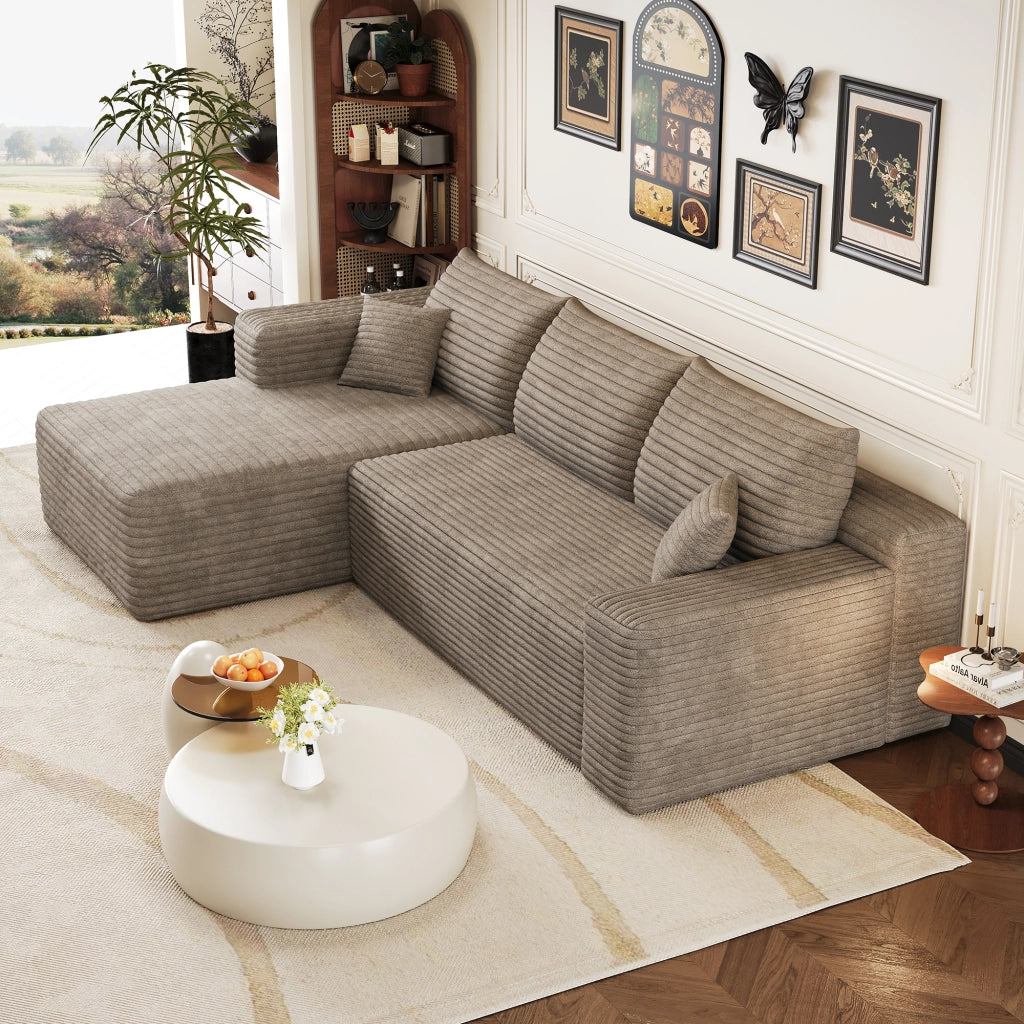 Divano angolare in tessuto con schiuma elastica e design ondulato senza montaggio camel 241 × 151 × 58 cm