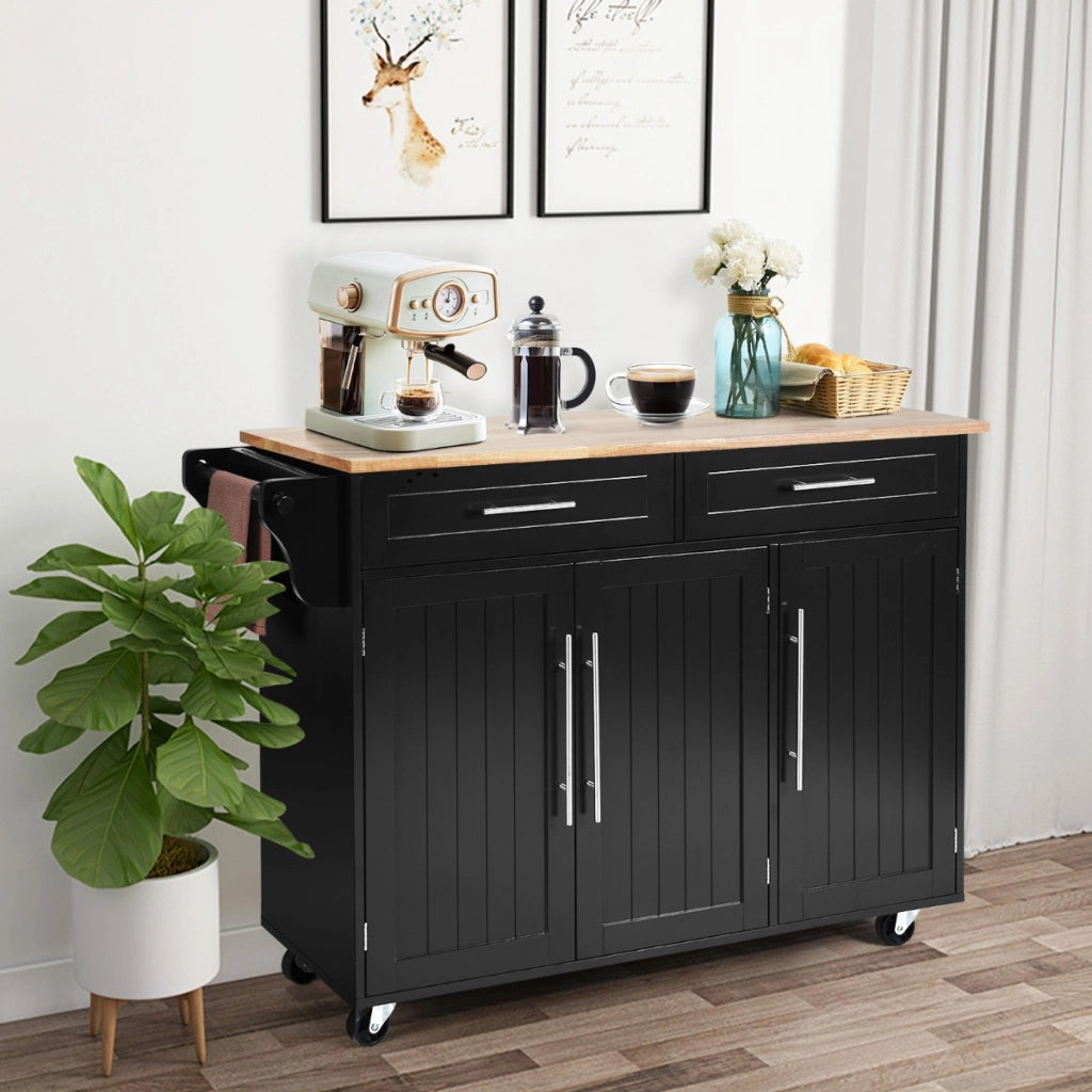 Carrello da cucina in legno con 2 cassetti e maniglia, Armadietto da cucina con ruote 122x45,5x92,5cm Nero-Carrelli