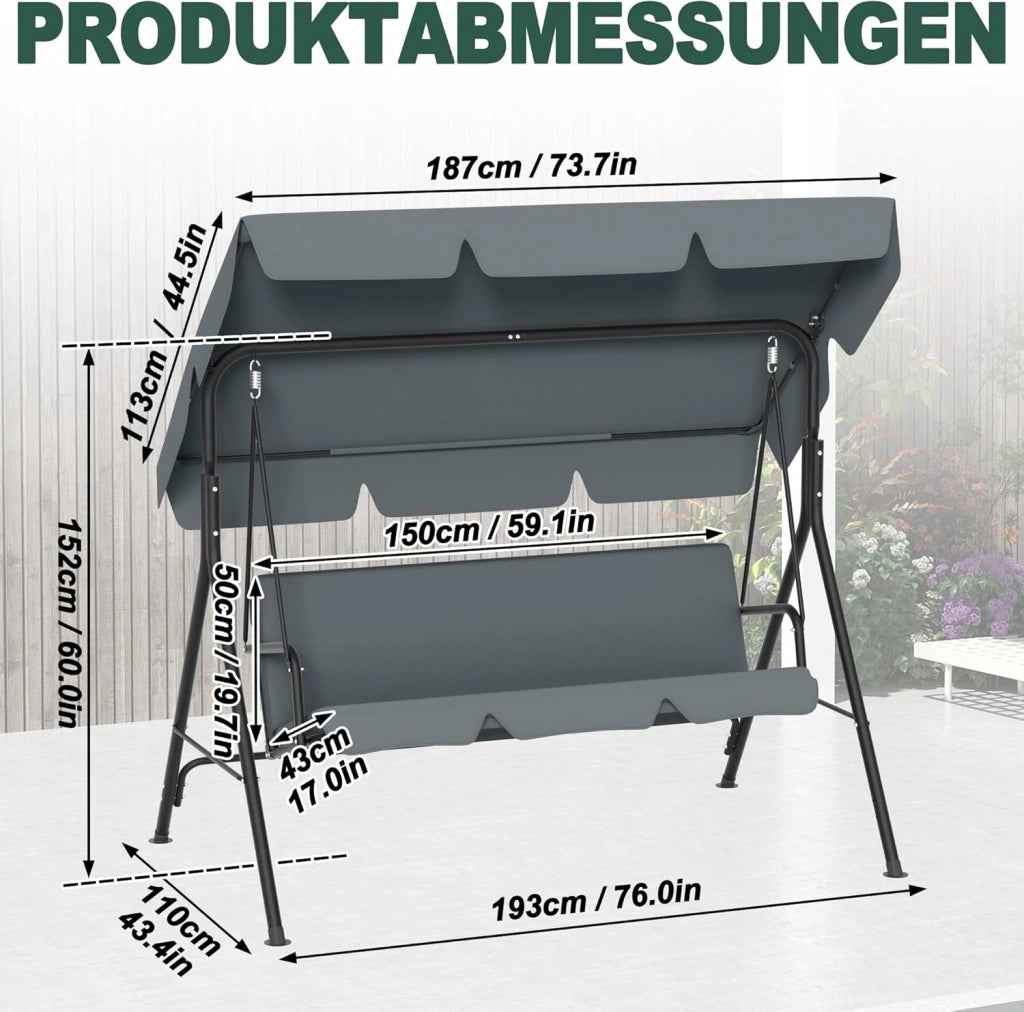 Dondolo da giardino a 3 posti, con rivestimento regolabile sul tetto, panca a dondolo da giardino, altalena sospesa, portata fino a 200 kg, 193 x 110 x 152 cm, antracite