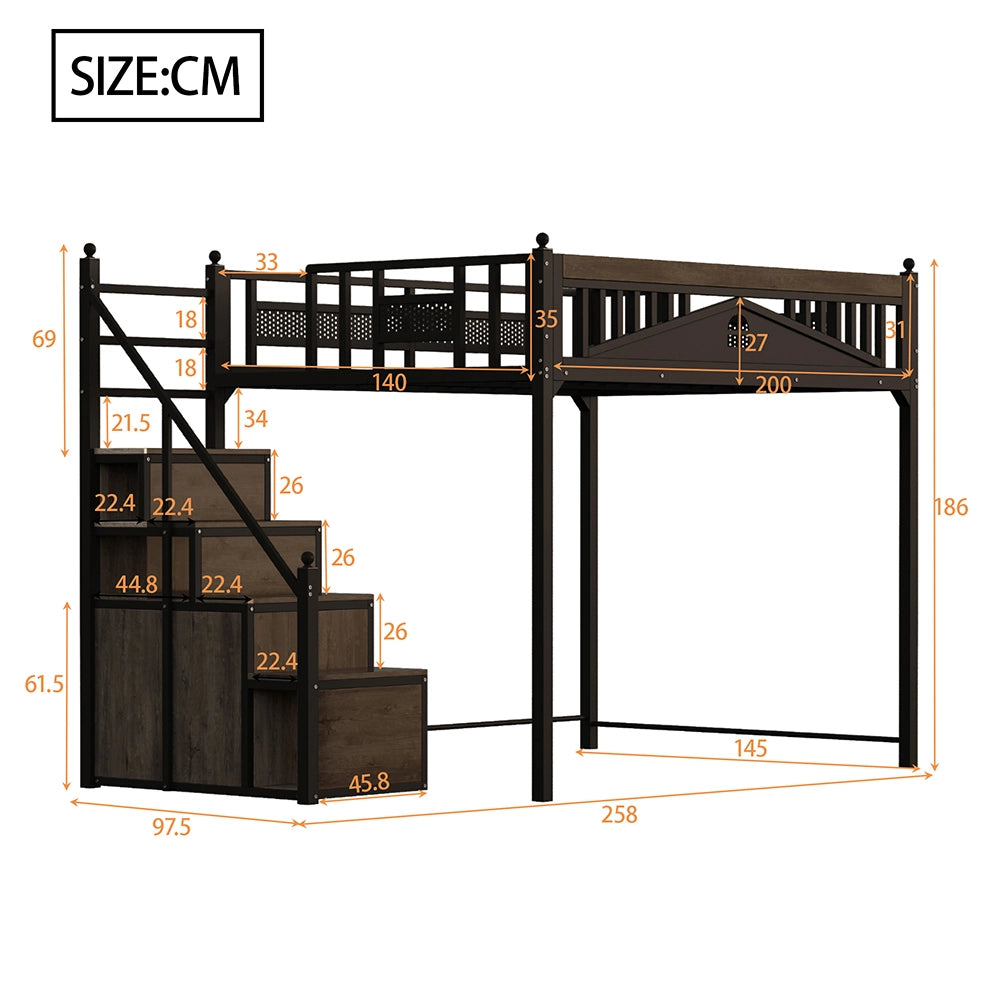 Letto a castello in metallo - Xylo - 140x200cm, barriera di sicurezza, scala reversibile, nero